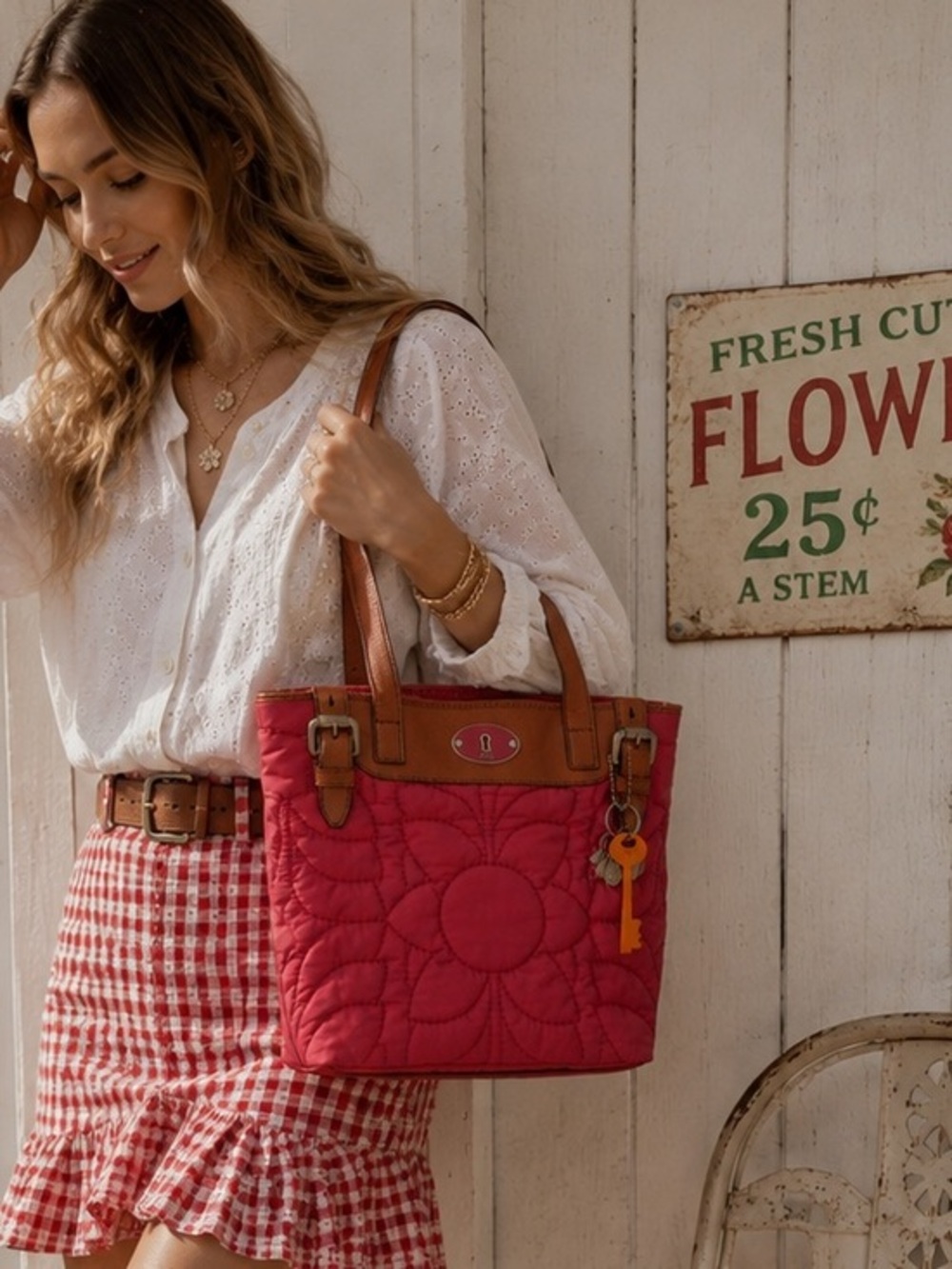 Fossil Red Floral Quilted Tote Bag Leatherโ Trim Cottagecore Coquette
